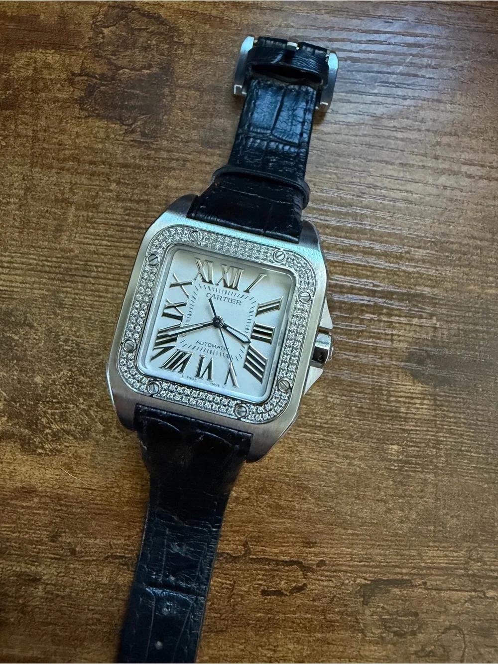 Cartier Santos 100 Stainless Steel Watch W/ Diamond Bezel and Leather Strap - Picture 4 of 6